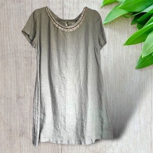 120% Lino grey gray linen beaded collar shift dress medium